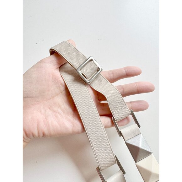 SUZI ROHER Ivory Cream Grey Pyramid Stud Leather Elastic Stretch Belt, One Size - Picture 6 of 9